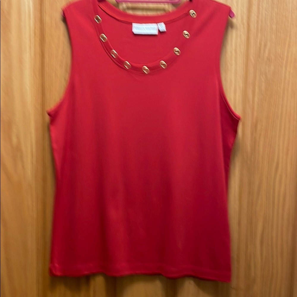 Red Sleeveless Top with Gold Accents